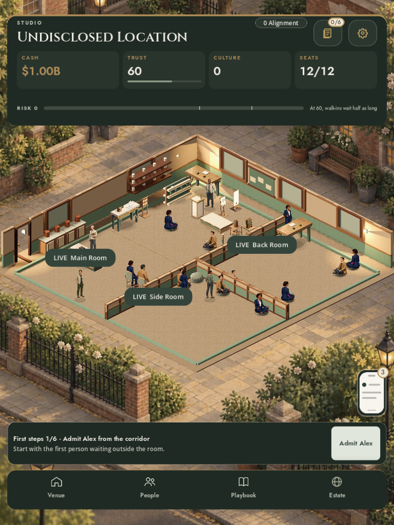 Cult and Co development gameplay showing a three-room wellness venue